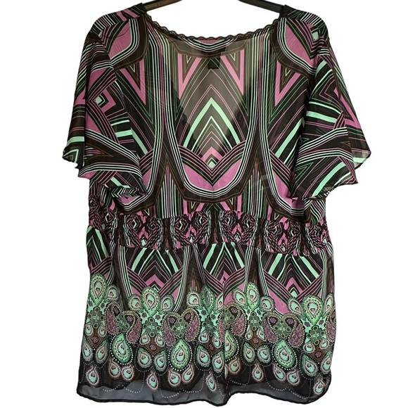 Lane Bryant Womens Popover‎ Shirt Top Plus Size 26/28 Deep V Semi Sheer Smocked - Picture 5 of 11